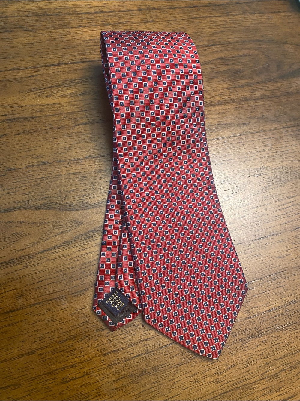 Brooks Brothers Red Silk Tie with Navy and White Square Motif
